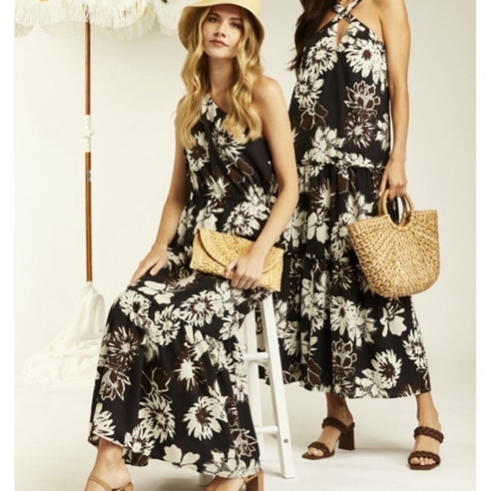 DREW floral "Sloan" drop waist tiered cross cross strapped midi dress in Small